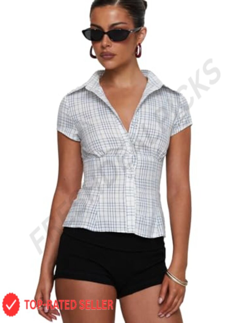 Checkered Blouse with Cap Sleeves Ruched Bust Button Detail